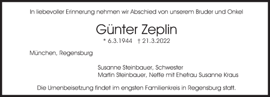 Traueranzeige von Günter Zeplin von SZ Trauer