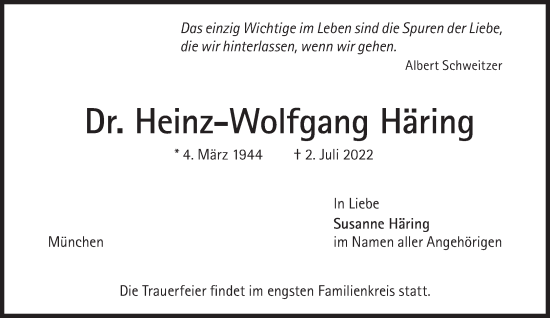Traueranzeige von Heinz-Wolfgang Häring von Süddeutsche Zeitung