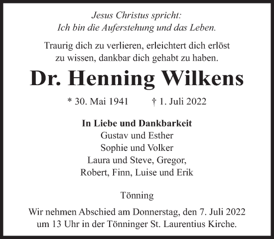 Traueranzeige von Henning Wilkens von Süddeutsche Zeitung