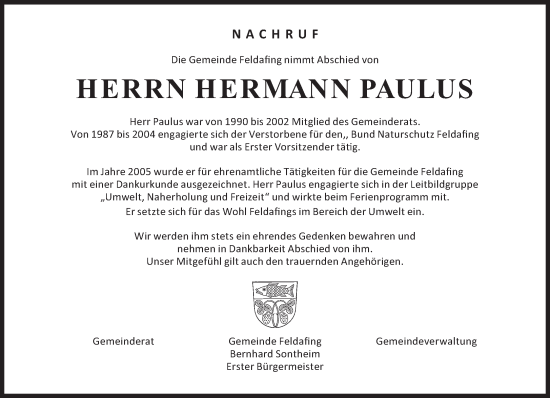 Traueranzeige von Hermann Paulus von Süddeutsche Zeitung