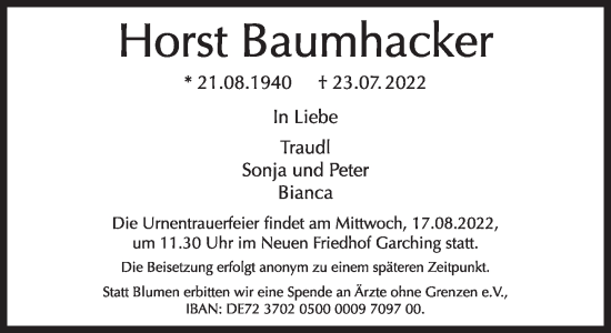 Traueranzeige von Horst Baumhacker von Süddeutsche Zeitung