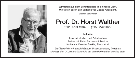 Traueranzeige von Horst Walther von Süddeutsche Zeitung