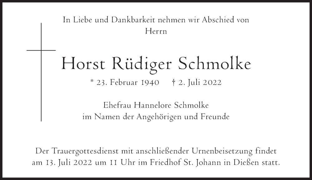  Traueranzeige für Horst Rüdiger Schmolke vom 09.07.2022 aus Süddeutsche Zeitung