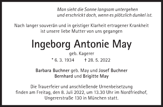 Traueranzeige von Ingeborg Antonie May von Süddeutsche Zeitung