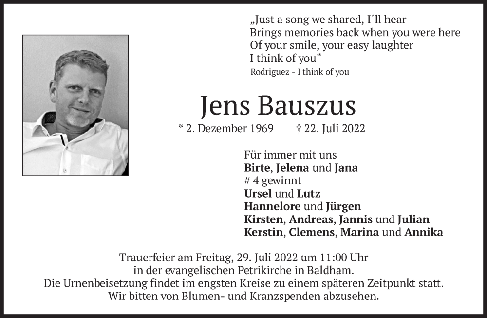  Traueranzeige für Jens Bauszus vom 26.07.2022 aus Süddeutsche Zeitung