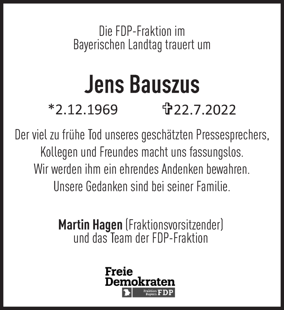  Traueranzeige für Jens Bauszus vom 26.07.2022 aus Süddeutsche Zeitung