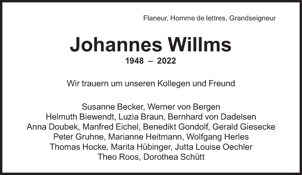  Traueranzeige für Johannes Willms vom 16.07.2022 aus SZ Trauer