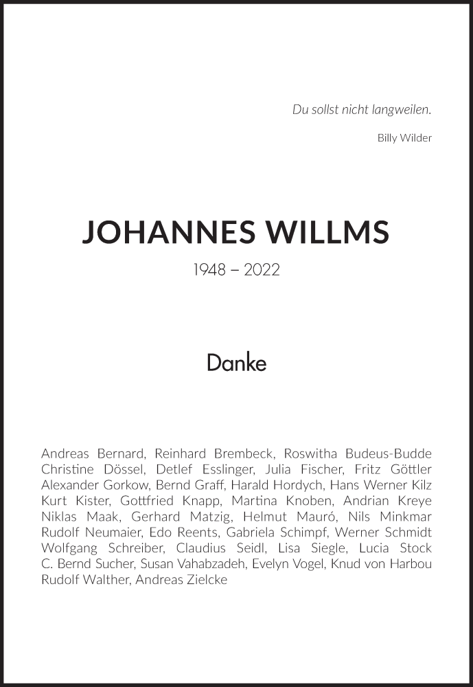  Traueranzeige für Johannes Willms vom 16.07.2022 aus SZ Trauer