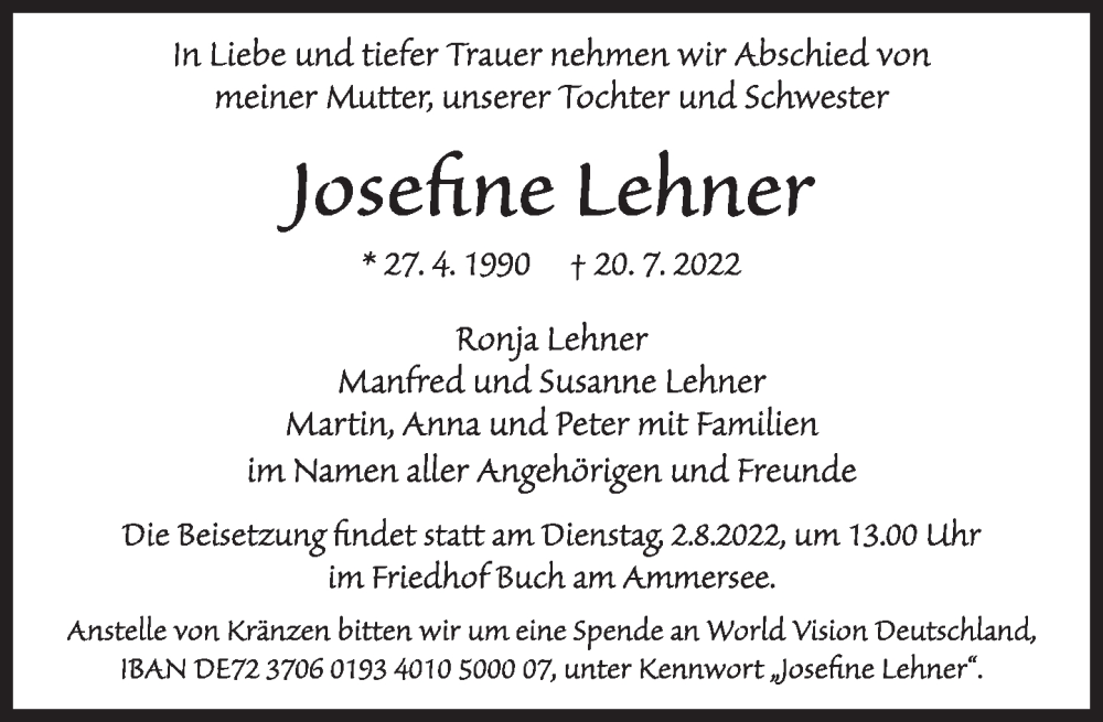  Traueranzeige für Josefine Lehner vom 30.07.2022 aus Süddeutsche Zeitung