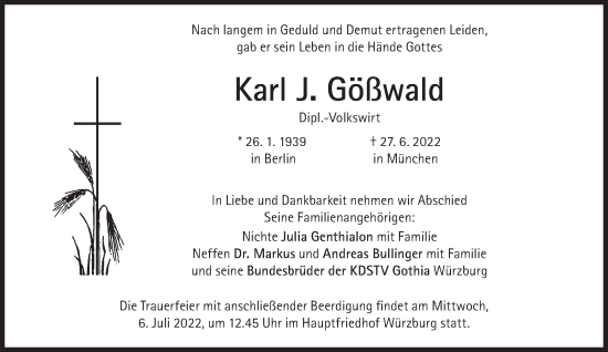 Traueranzeige von Karl J. Gößwald von Süddeutsche Zeitung