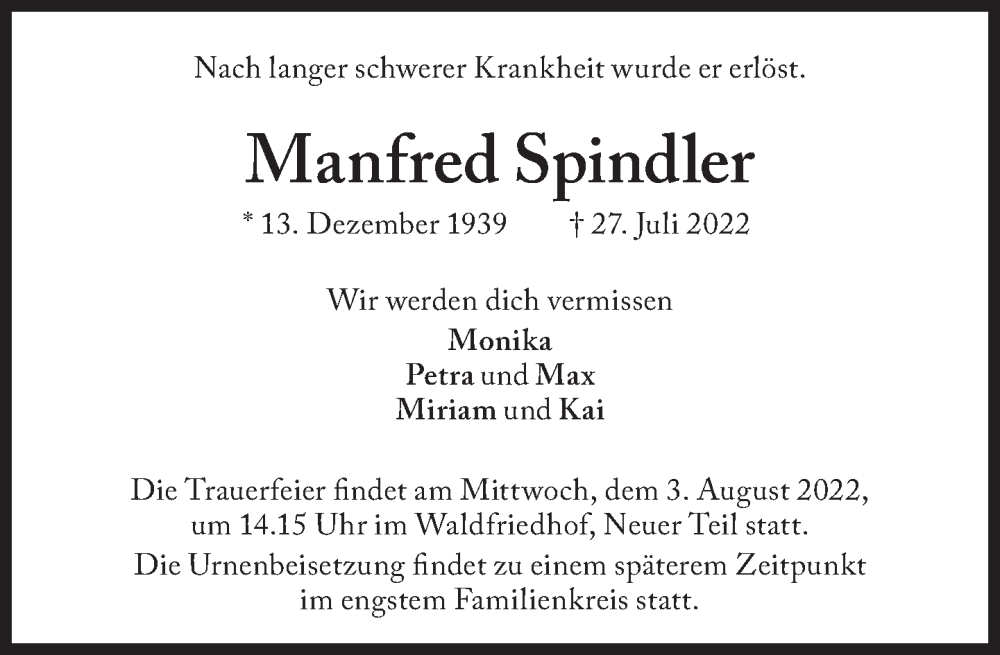 Traueranzeige für Manfred Spindler vom 01.08.2022 aus Süddeutsche Zeitung