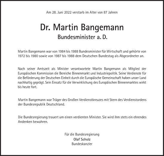Traueranzeige von Martin Bangemann von Süddeutsche Zeitung