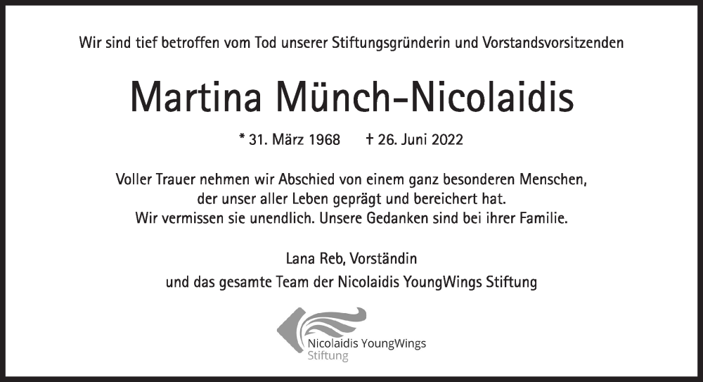  Traueranzeige für Martina Münch-Nicolaidis vom 02.07.2022 aus Süddeutsche Zeitung