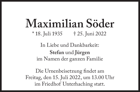 Traueranzeige von Maximilian Söder von Süddeutsche Zeitung