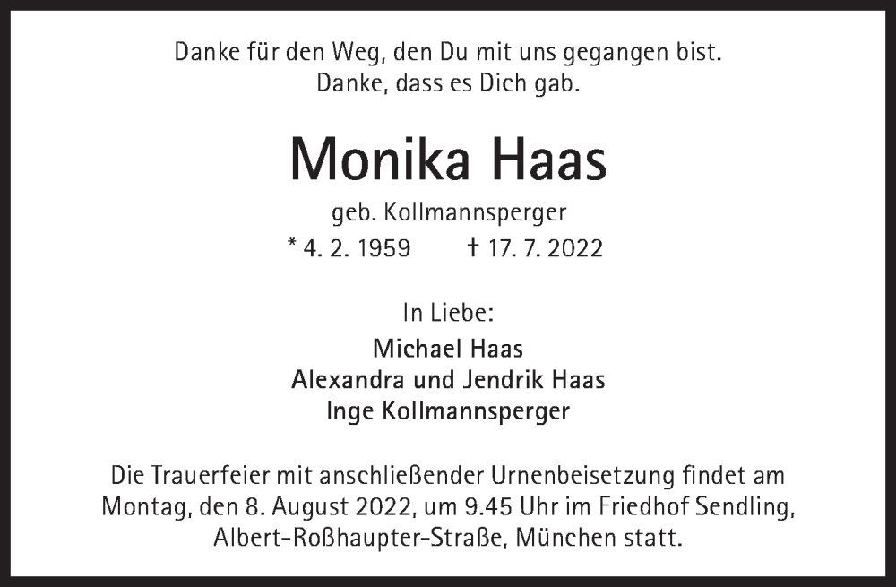  Traueranzeige für Monika Haas vom 23.07.2022 aus Süddeutsche Zeitung