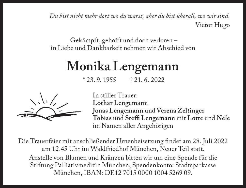 Traueranzeige für Monika Lengemann vom 02.07.2022 aus Süddeutsche Zeitung