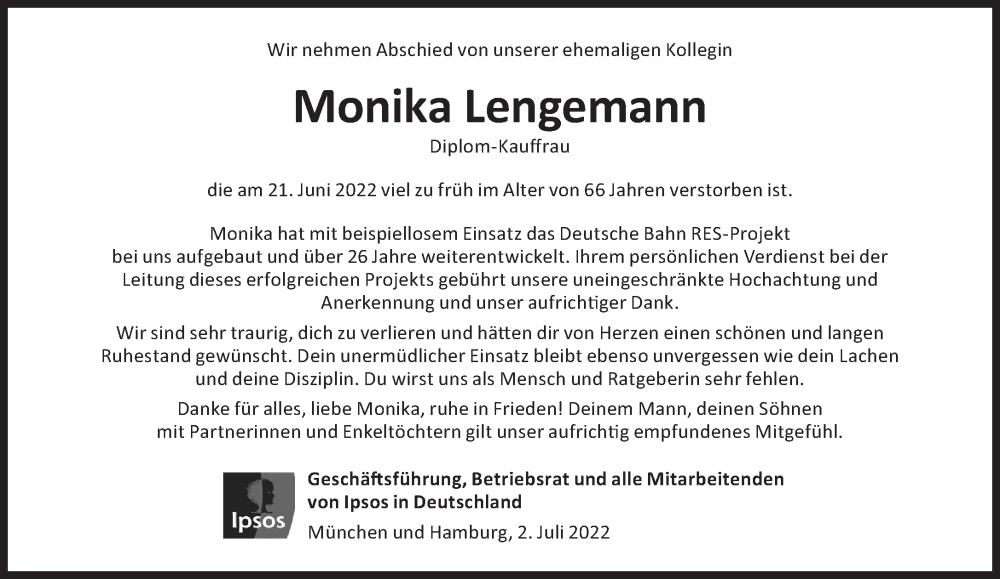  Traueranzeige für Monika Lengemann vom 02.07.2022 aus Süddeutsche Zeitung