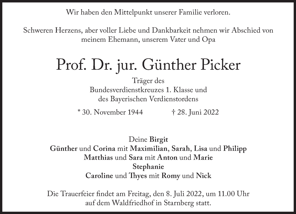  Traueranzeige für Günther Picker vom 02.07.2022 aus Süddeutsche Zeitung
