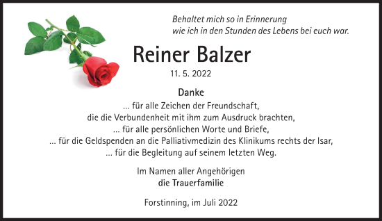 Traueranzeige von Reiner Balzer von Süddeutsche Zeitung