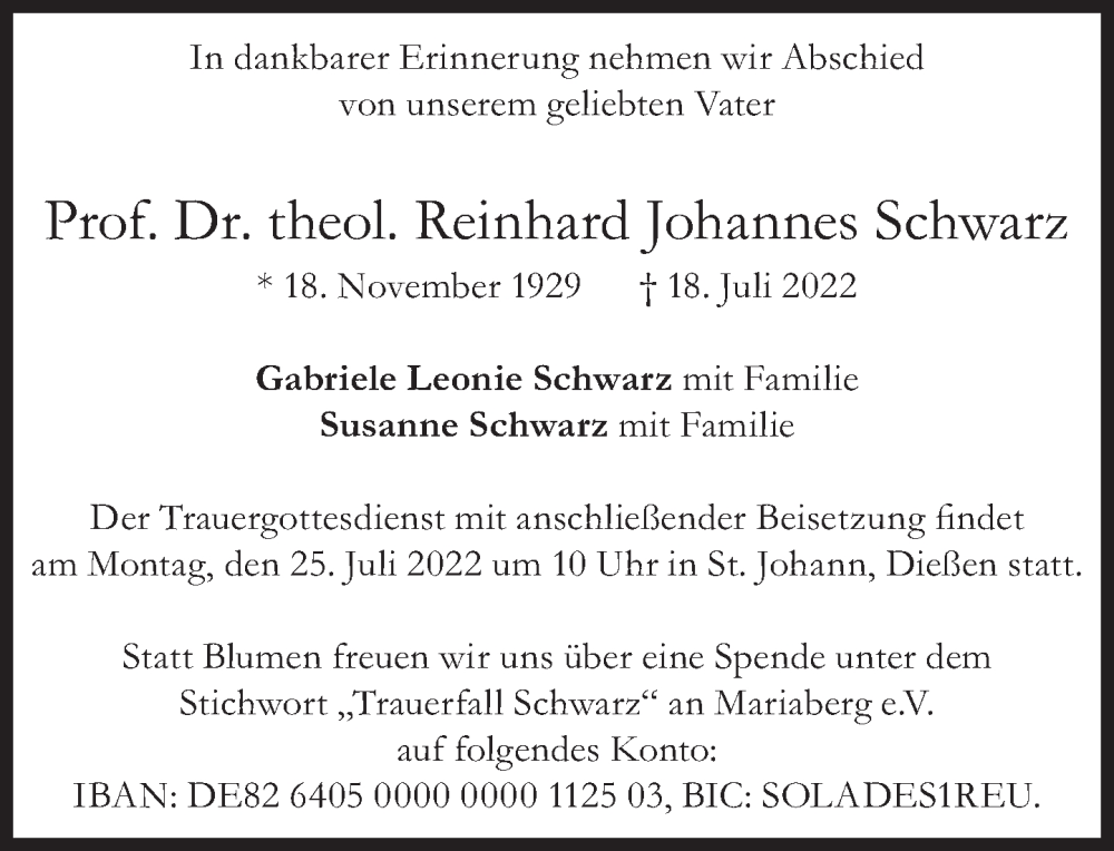  Traueranzeige für Reinhard Johannes Schwarz vom 20.07.2022 aus Süddeutsche Zeitung