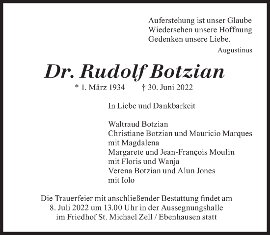 Traueranzeige von Rudolf Botzian von Süddeutsche Zeitung
