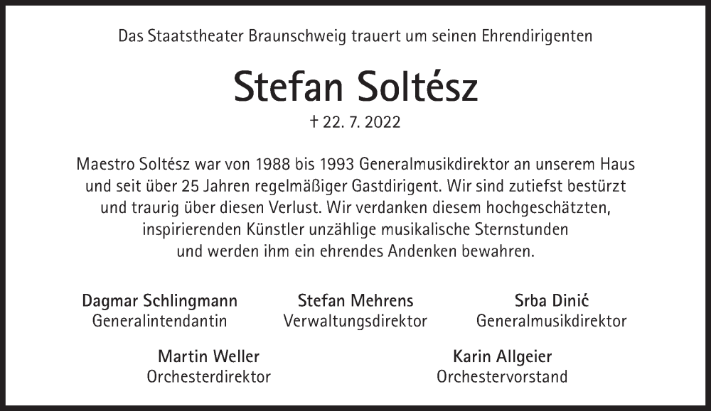 Traueranzeige für Stefan Soltesz vom 30.07.2022 aus Süddeutsche Zeitung