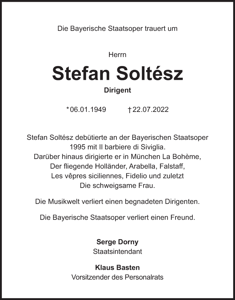  Traueranzeige für Stefan Soltesz vom 30.07.2022 aus Süddeutsche Zeitung