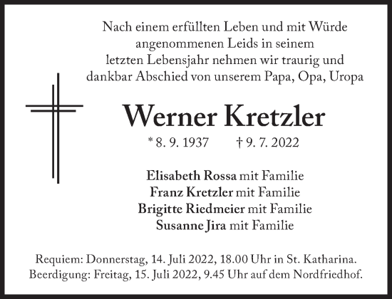 Traueranzeige von Werner Kretzler von Süddeutsche Zeitung