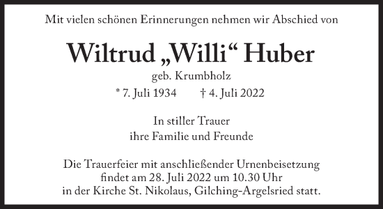 Traueranzeige von Wiltrud Huber von Süddeutsche Zeitung