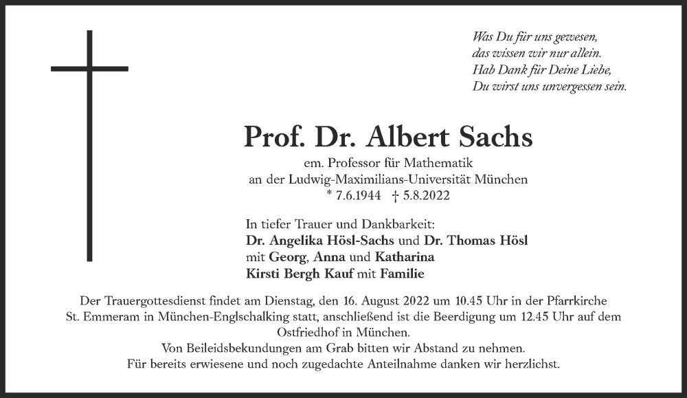  Traueranzeige für Albert Sachs vom 13.08.2022 aus Süddeutsche Zeitung