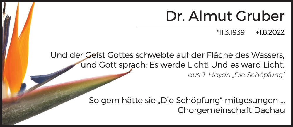  Traueranzeige für Almut Gruber vom 06.08.2022 aus Süddeutsche Zeitung