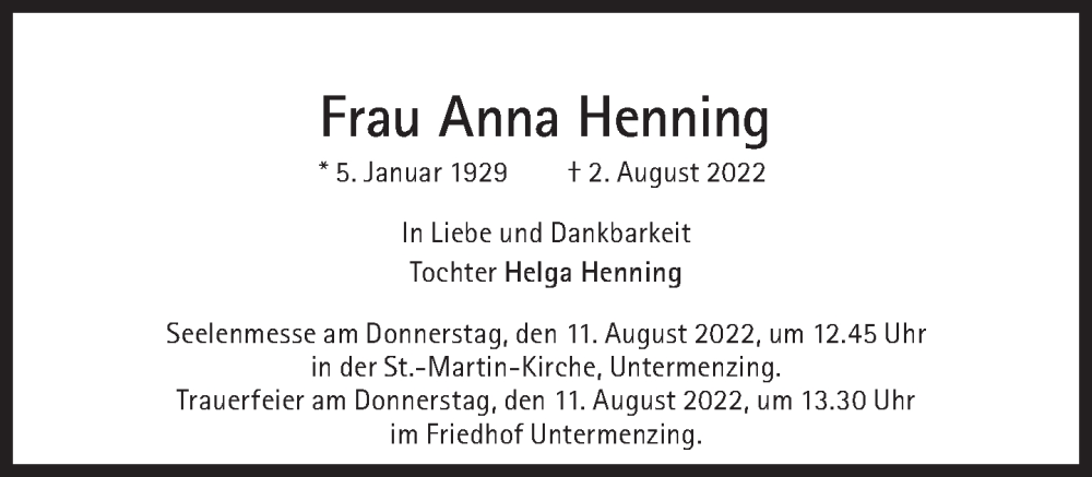  Traueranzeige für Anna Henning vom 06.08.2022 aus Süddeutsche Zeitung