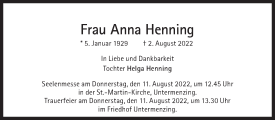 Traueranzeige von Anna Henning von Süddeutsche Zeitung