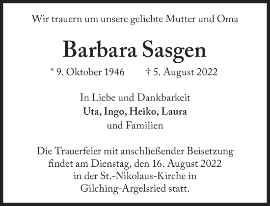 Traueranzeige von Barbara Sasgen von Süddeutsche Zeitung