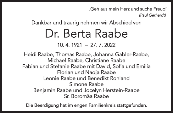 Traueranzeige von Berta Raabe von Süddeutsche Zeitung