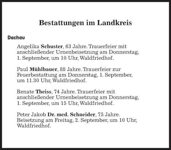 Traueranzeige von Bestattungen vom 01.09.2022 von Süddeutsche Zeitung