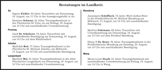Traueranzeige von Bestattungen vom 17.08.2022 von Süddeutsche Zeitung