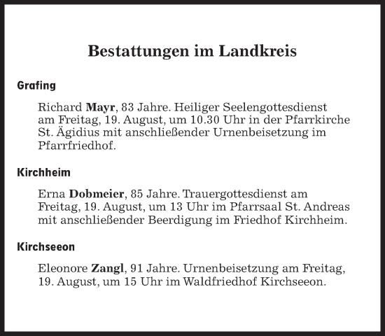 Traueranzeige von Bestattungen vom 18.08.2022 von Süddeutsche Zeitung
