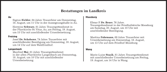 Traueranzeige von Bestattungen vom 18.08.2022 von Süddeutsche Zeitung