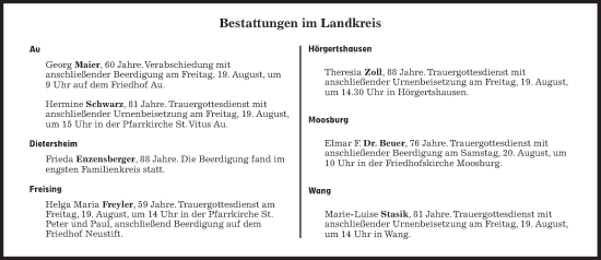 Traueranzeige von Bestattungen vom 19.08.2022 von Süddeutsche Zeitung