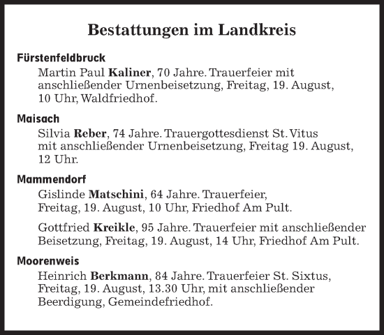 Traueranzeige von Bestattungen vom 19.08.2022 von Süddeutsche Zeitung