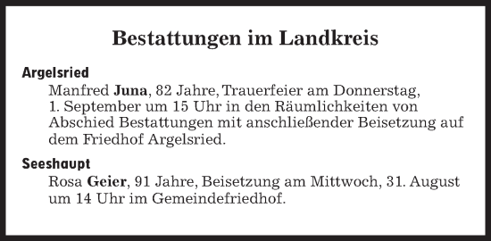 Traueranzeige von Bestattungen vom 31.08.2022 von Süddeutsche Zeitung