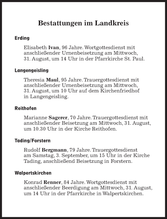 Traueranzeige von Bestattungen vom 31.08.2022 von Süddeutsche Zeitung