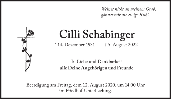 Traueranzeige von Cilli Schabinger von Süddeutsche Zeitung