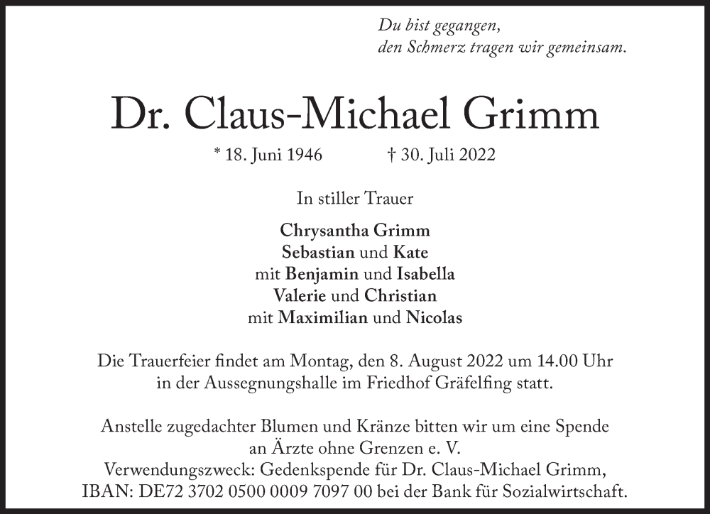  Traueranzeige für Claus-Michael Grimm vom 04.08.2022 aus Süddeutsche Zeitung