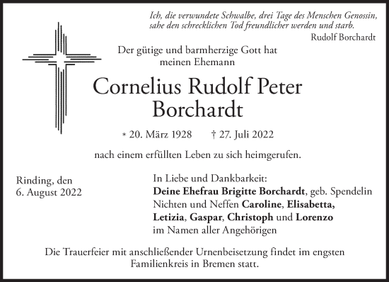 Traueranzeige von Cornelius Rudolf Peter Borchardt von Süddeutsche Zeitung