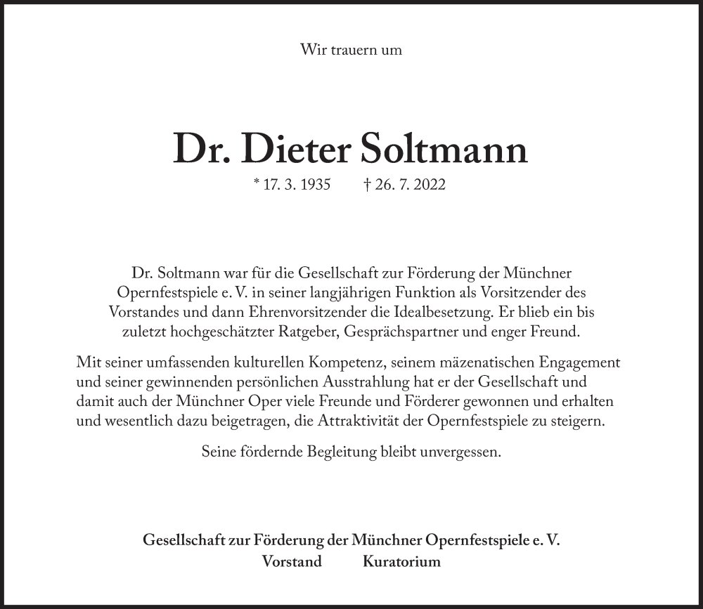  Traueranzeige für Dieter Soltmann vom 06.08.2022 aus Süddeutsche Zeitung