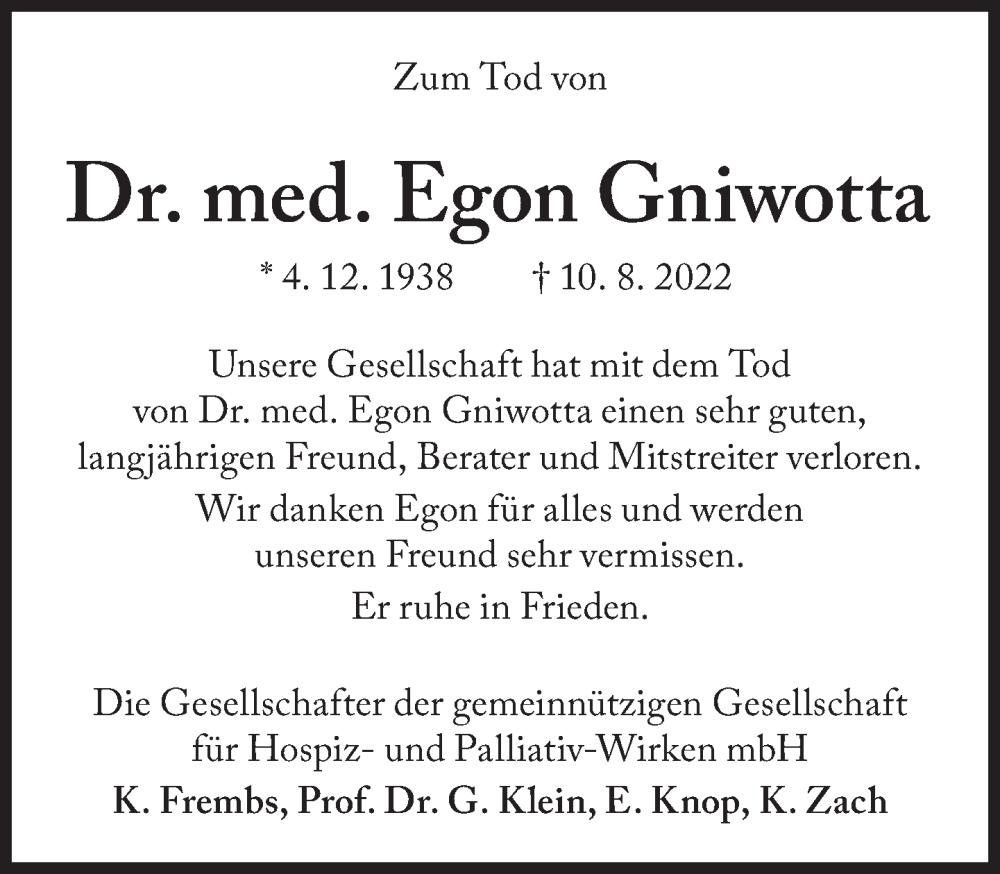  Traueranzeige für Egon Gniwotta vom 18.08.2022 aus Süddeutsche Zeitung