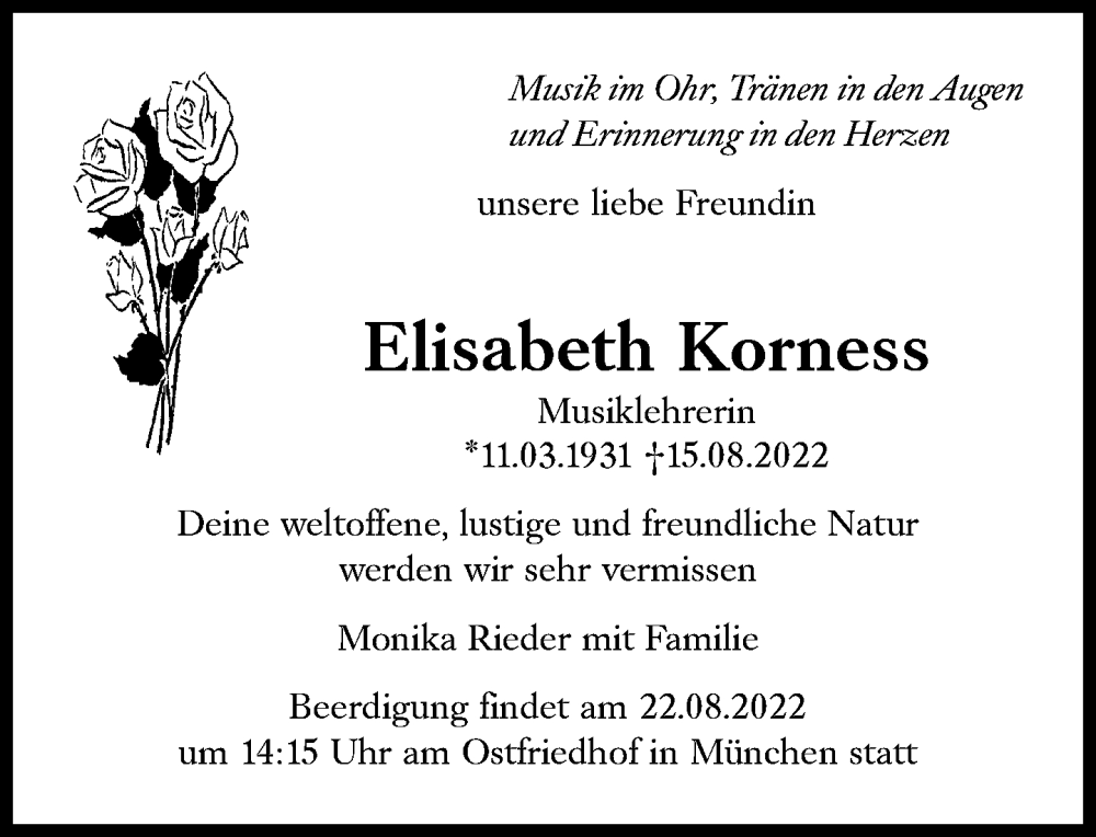  Traueranzeige für Elisabeth Korness vom 19.08.2022 aus Süddeutsche Zeitung