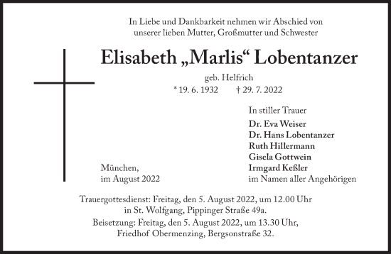 Traueranzeige von Elisabeth Lobentanzer von Süddeutsche Zeitung